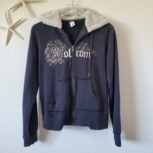 Volcom Zip Up Sweater Casual Hooded Women Size XL Black Fur